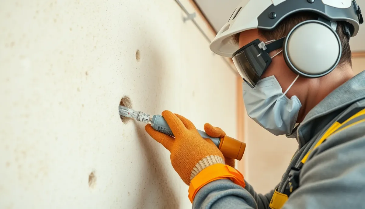 Artisan insufflant l'isolant dans un mur creux