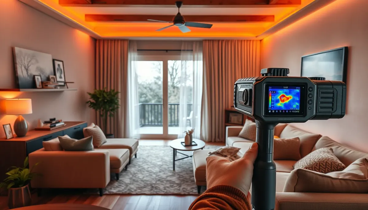 Salon confortable avec caméra thermique montrant des murs bien isolés