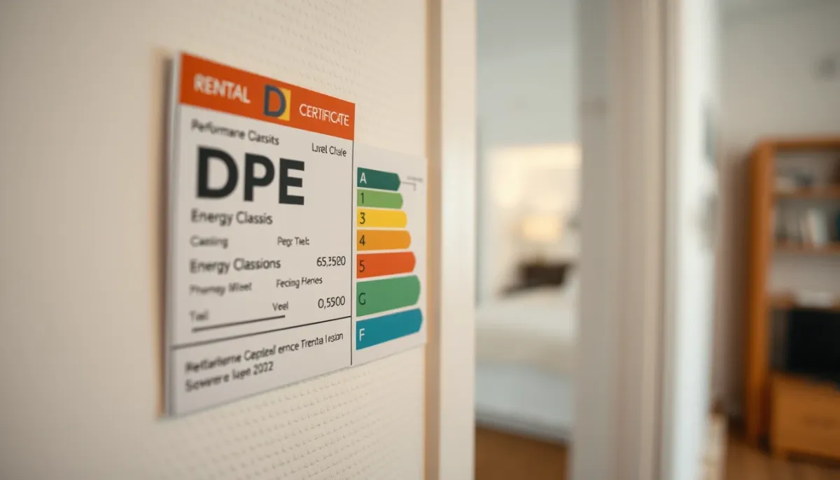 Étiquette DPE sur un mur à côté d'une porte d'appartement locatif, indiquant la classe énergétique F