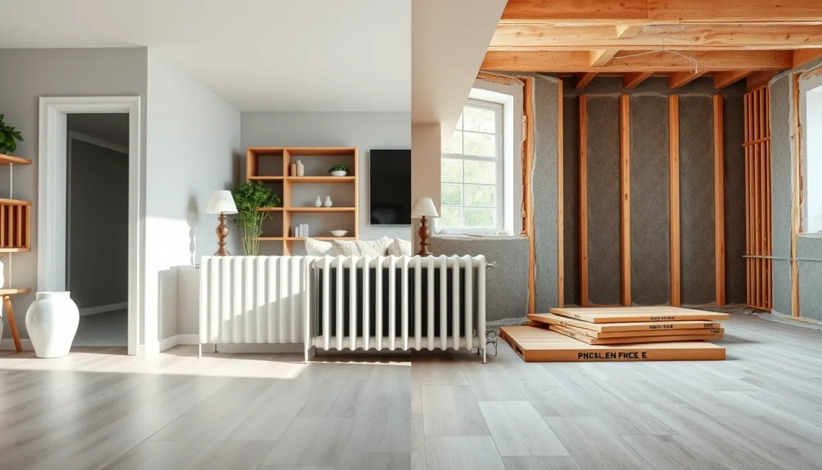 Vue contrastée entre un salon confortable avec radiateur moderne et un chantier de rénovation avec matériaux isolants