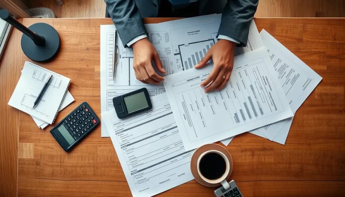 Propriétaire bailleur examinant des plans de rénovation et des devis sur un bureau en bois