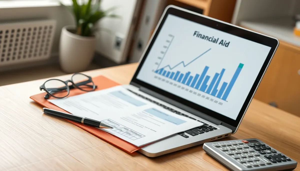 Dossier de demandes d'aides financières avec ordinateur portable affichant un graphique de subventions