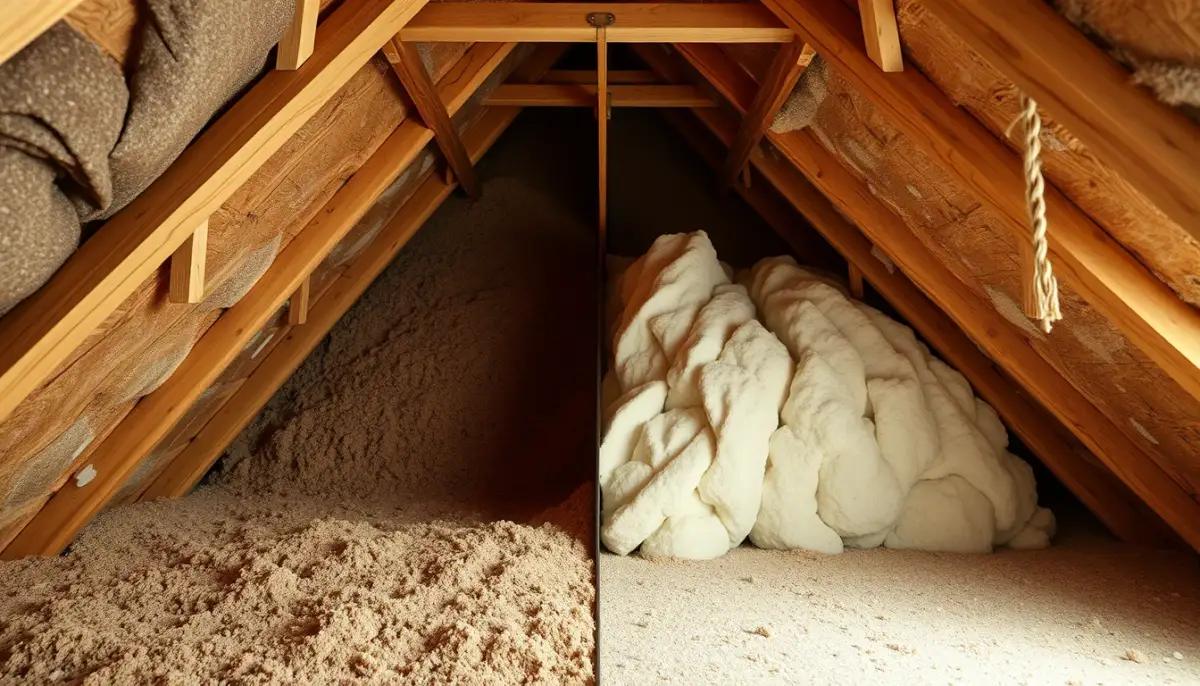 Comparaison visuelle entre une isolation ancienne et une isolation neuve dans des combles
