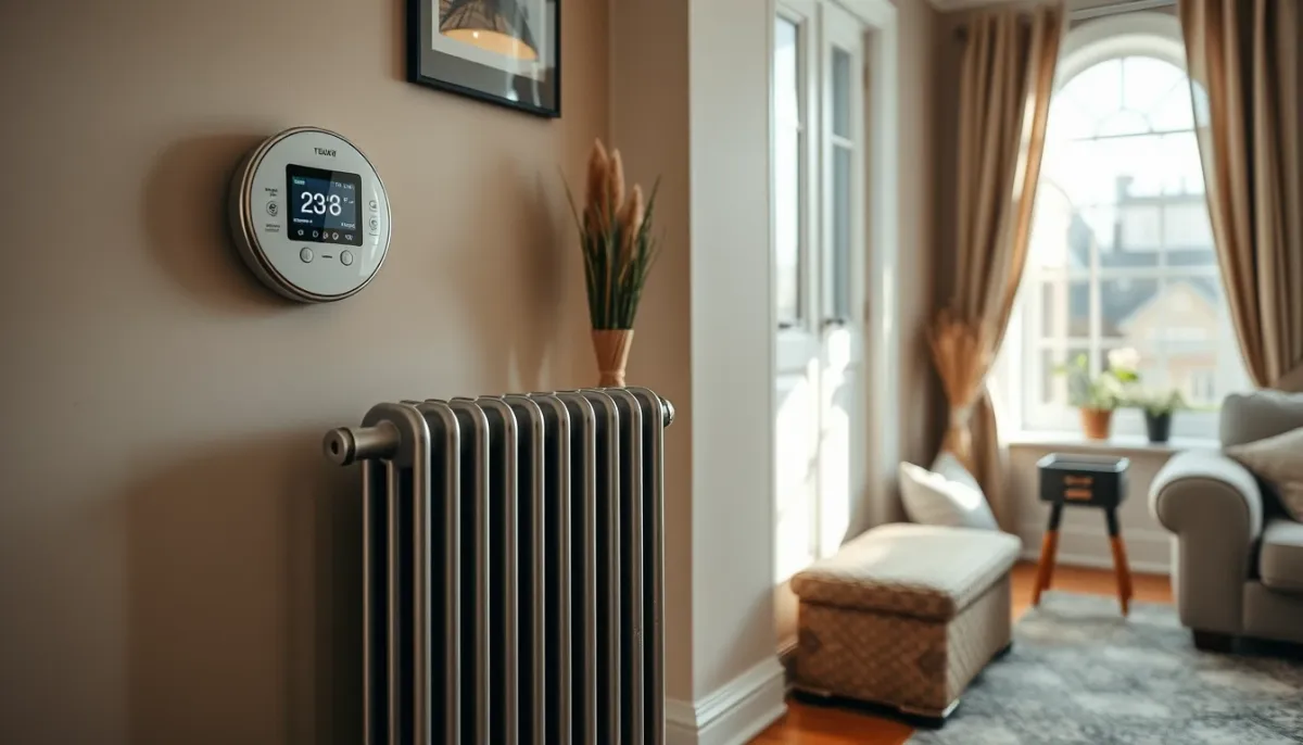 Salon confortable avec un radiateur et un thermostat mural
