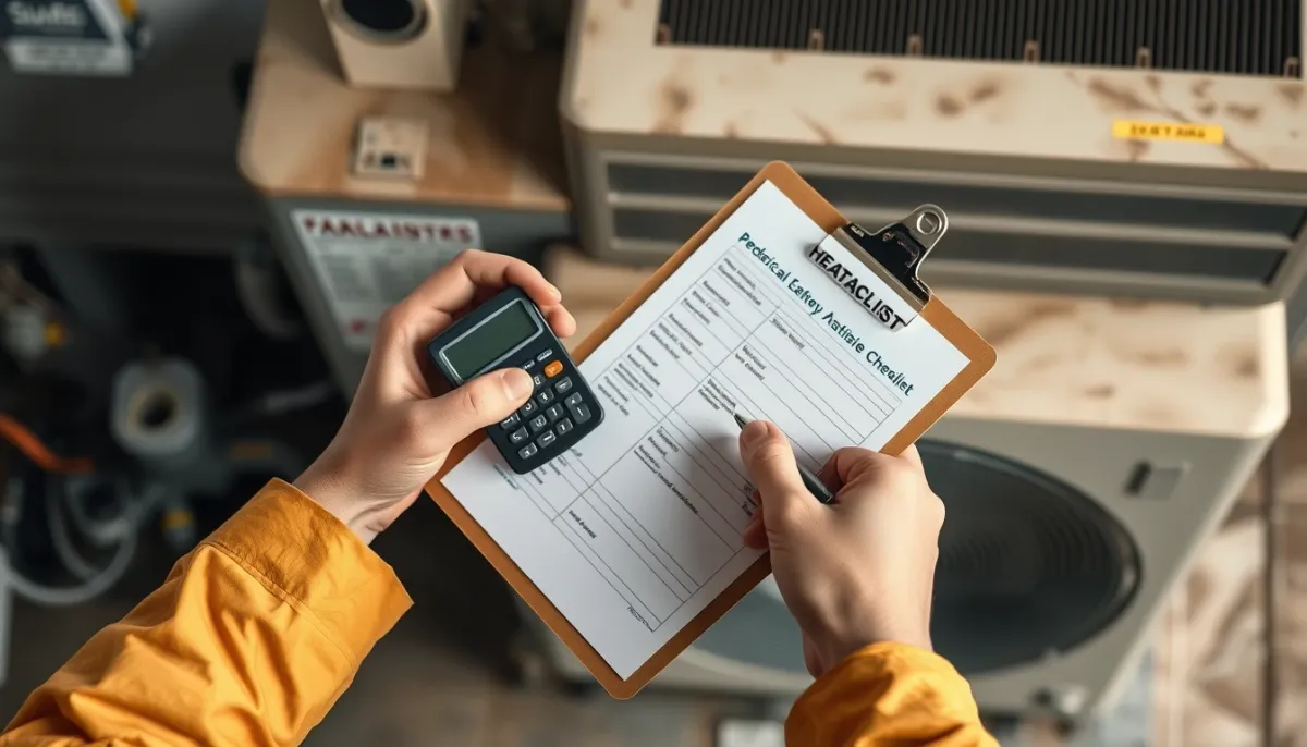 Mains d'un technicien tenant une checklist et une calculatrice devant une pompe à chaleur