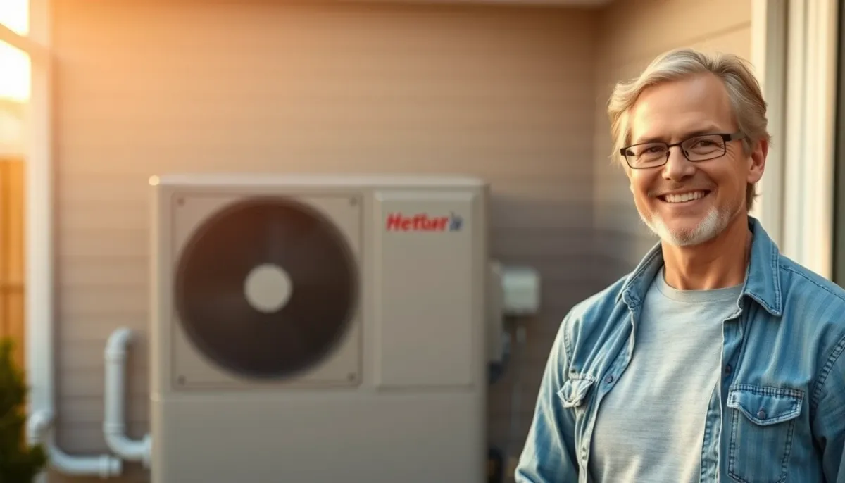 Propriétaire satisfait devant sa pompe à chaleur air/eau