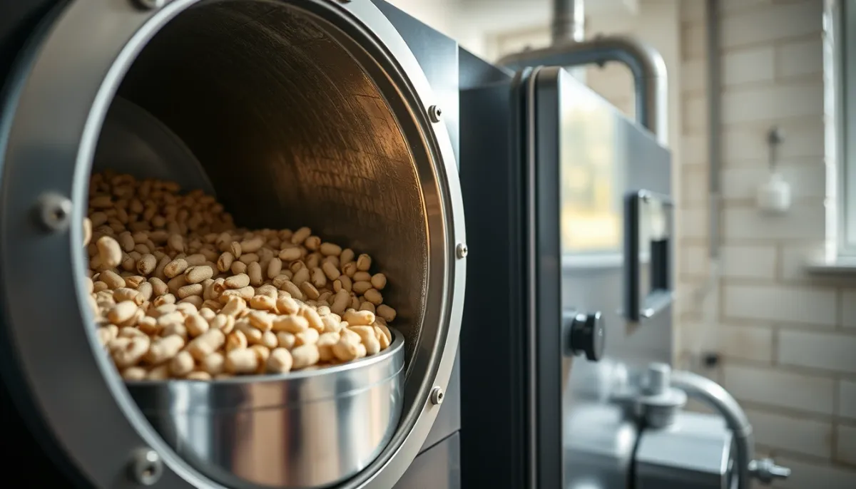 Gros plan sur le brûleur et l'échangeur thermique d'une chaudière à granulés
