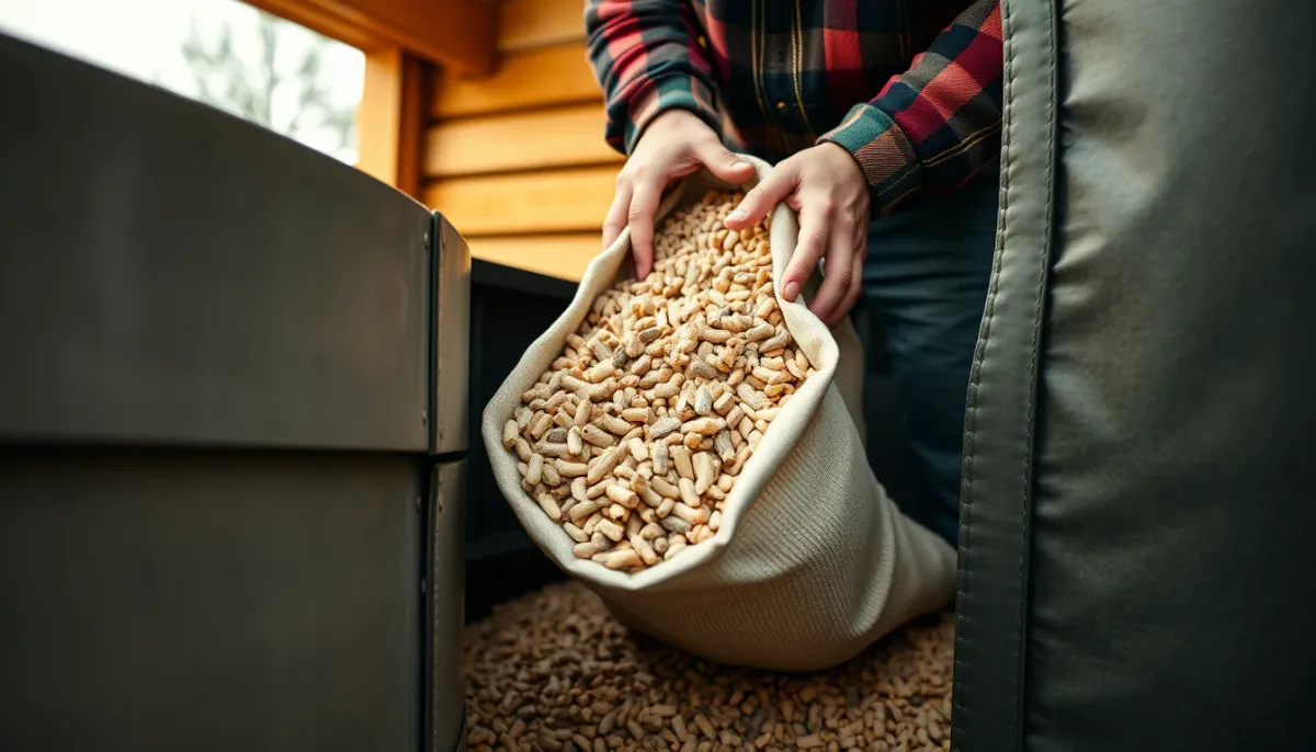 Personne remplissant un silo à granulés avec des sacs de pellets