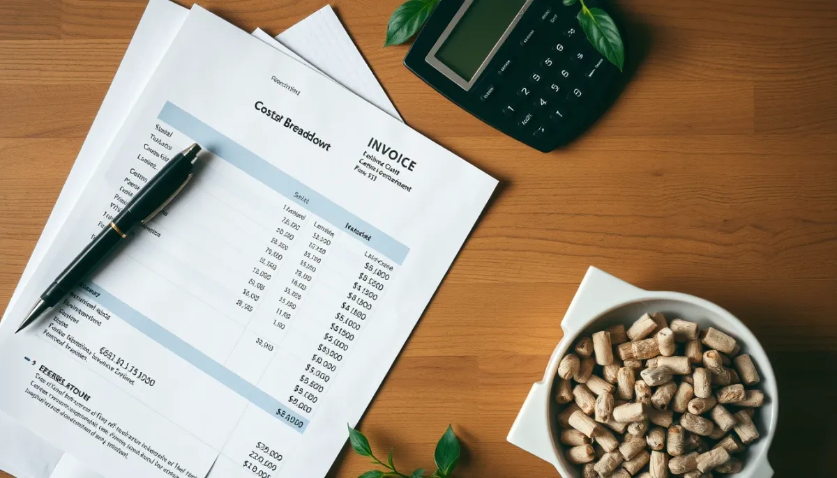 Document de devis et calculatrice à côté de granulés de bois sur une table