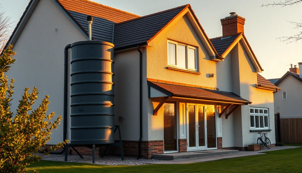 Maison individuelle équipée d'une chaudière à granulés avec silo extérieur visible