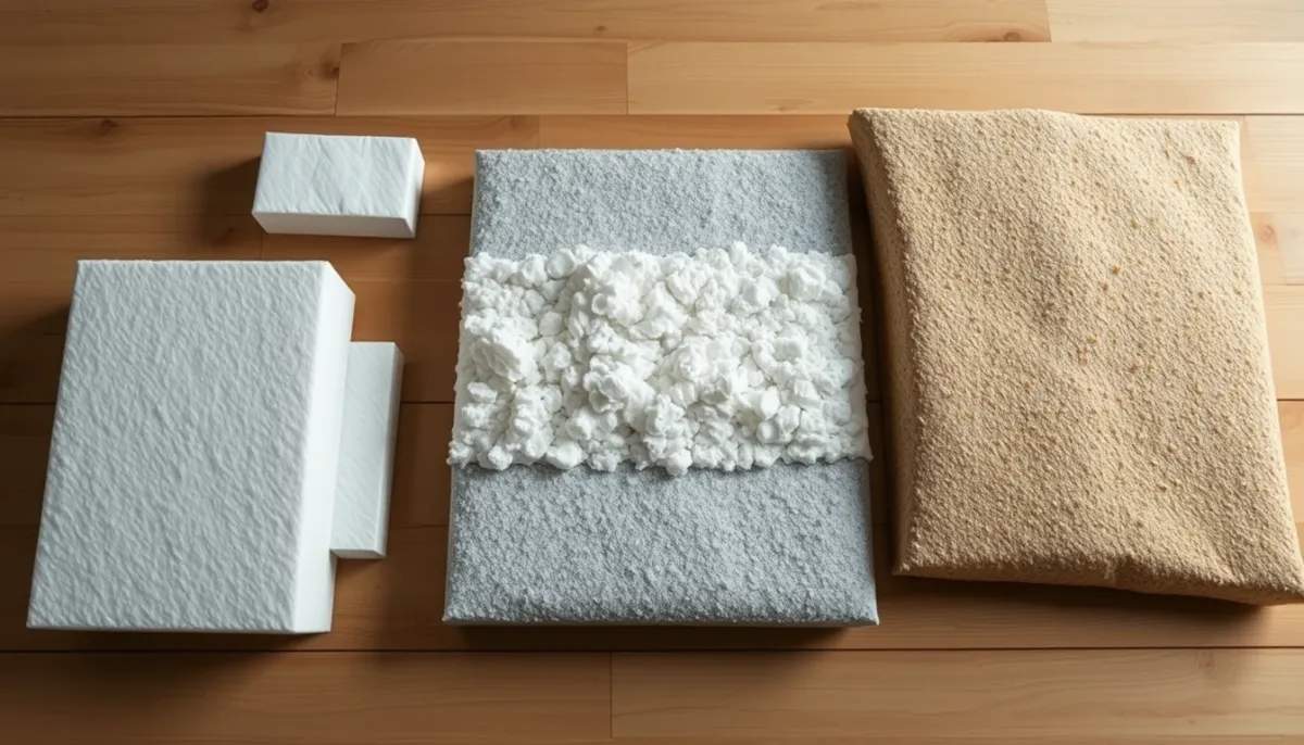 Différents matériaux isolants pour plancher bas : polystyrène, polyuréthane et laine de bois