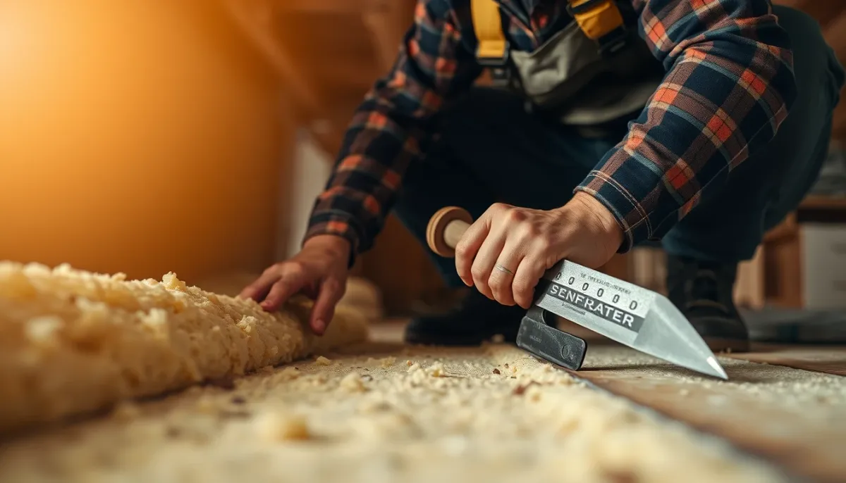 Artisan installant un isolant sous un plancher bas lors de travaux de rénovation