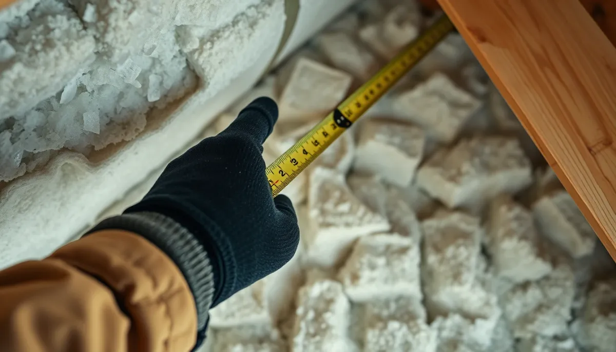 Artisan mesurant l'épaisseur de l'isolant soufflé dans les combles pour vérifier la résistance thermique
