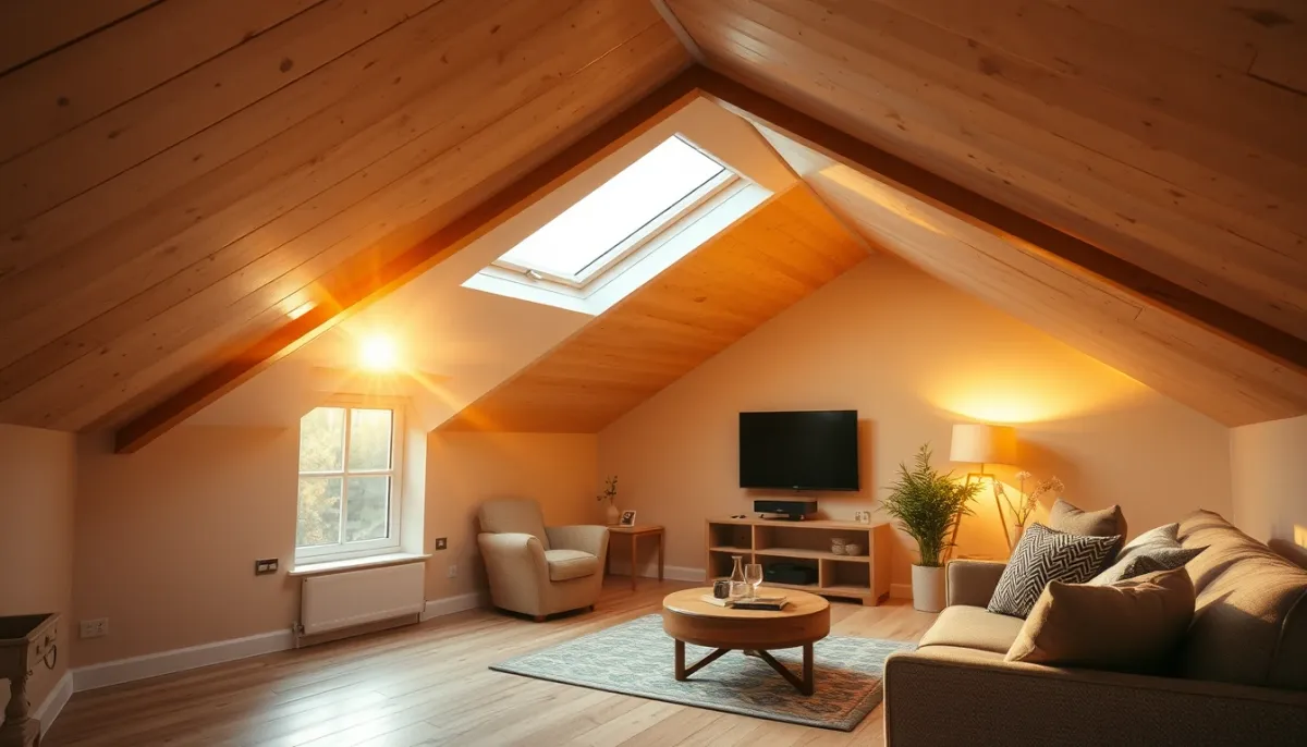 Combles aménagés et isolés avec un espace de vie confortable, lumière naturelle entrant par une fenêtre de toit