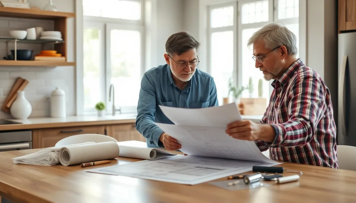 Propriétaire et artisan discutant des plans de rénovation pour l'isolation des combles autour d'une table