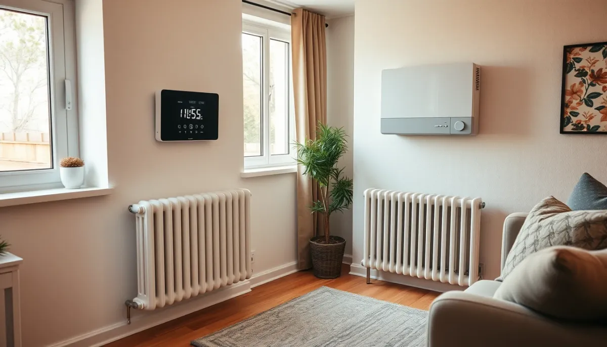 Intérieur confortable avec radiateur moderne et régulateur de pompe à chaleur Hitachi Yutaki au mur