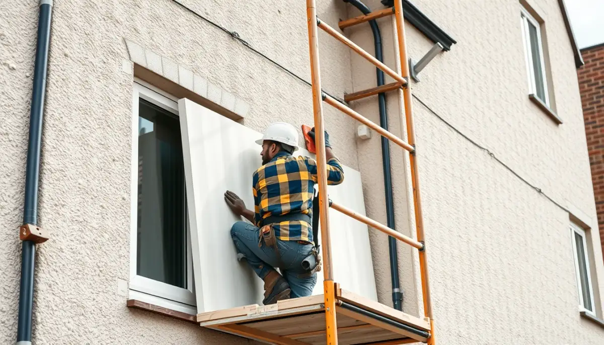Pose de panneaux isolants sur une façade dans le cadre d'une isolation par l'extérieur