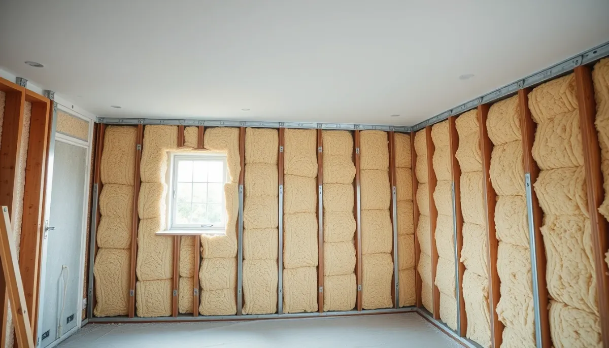 Chantier d'isolation par l'intérieur avec ossature métallique et laine minérale