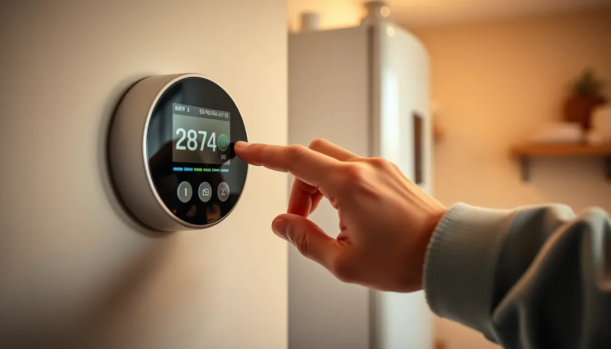 Main réglant un thermostat digital mural près d'une chaudière à condensation