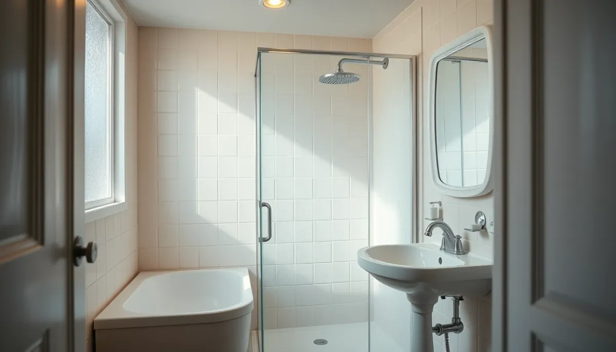 Salle de bains familiale avec douche et lavabo, illustrant le confort d'eau chaude