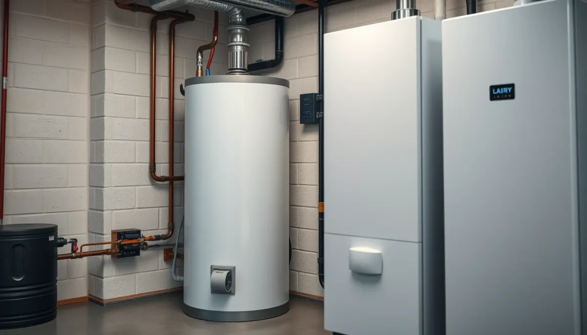 Chauffe-eau thermodynamique à côté d'une chaudière gaz à condensation dans un local technique