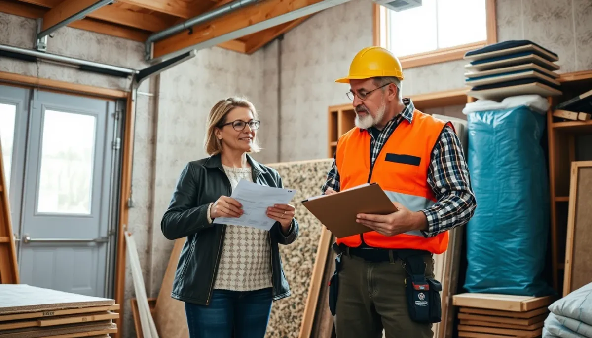 Propriétaire et artisan discutant des solutions d'isolation pour le plafond du garage