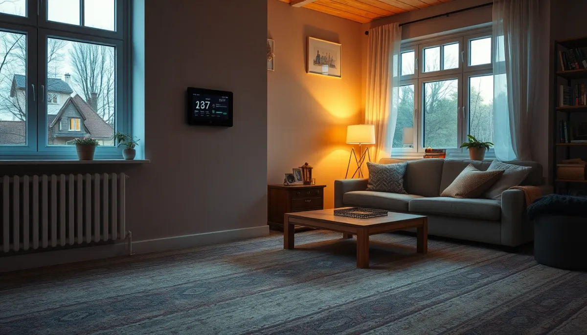 Salon confortable avec chauffage au sol et thermostat mural, illustrant le confort apporté par la pompe à chaleur