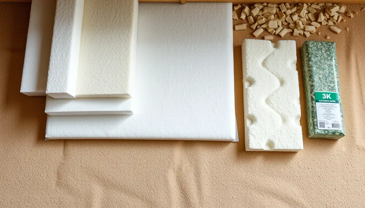 Échantillons de matériaux isolants pour plancher bas : polystyrène, polyuréthane, laine minérale et mousse projetée
