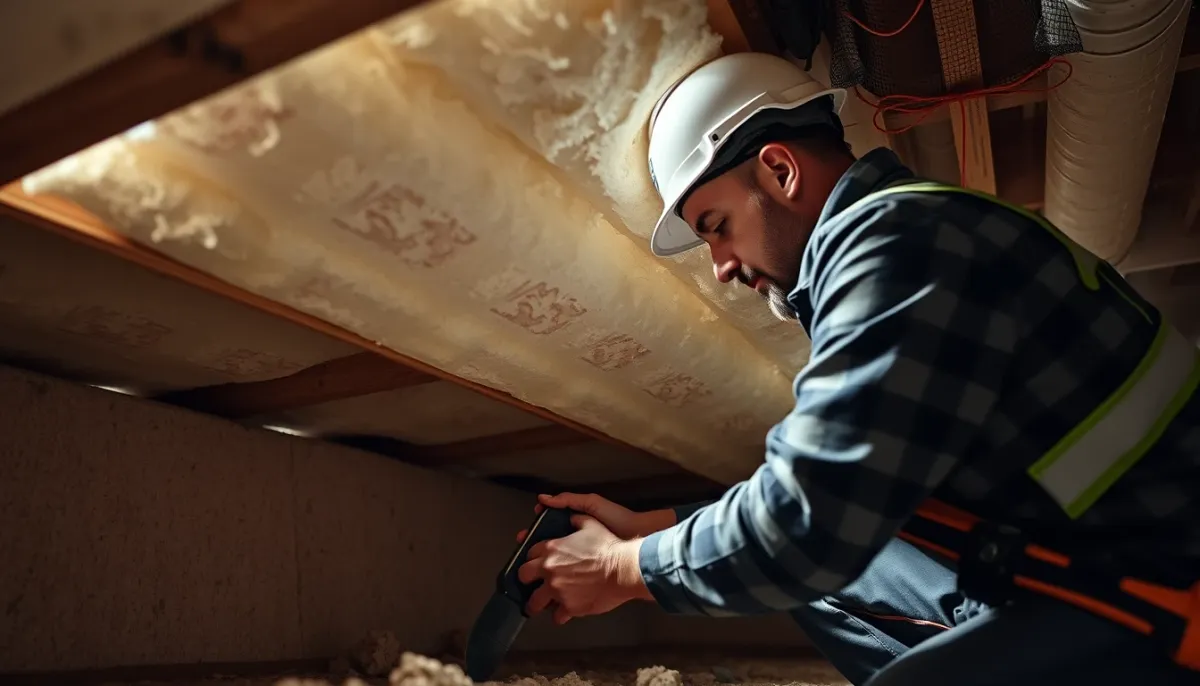 Pose de panneaux isolants sous un plancher bas sur vide sanitaire par un professionnel