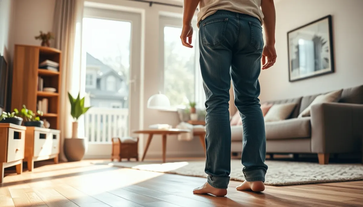 Propriétaire ressentant le confort d'un sol chaud après isolation du plancher bas