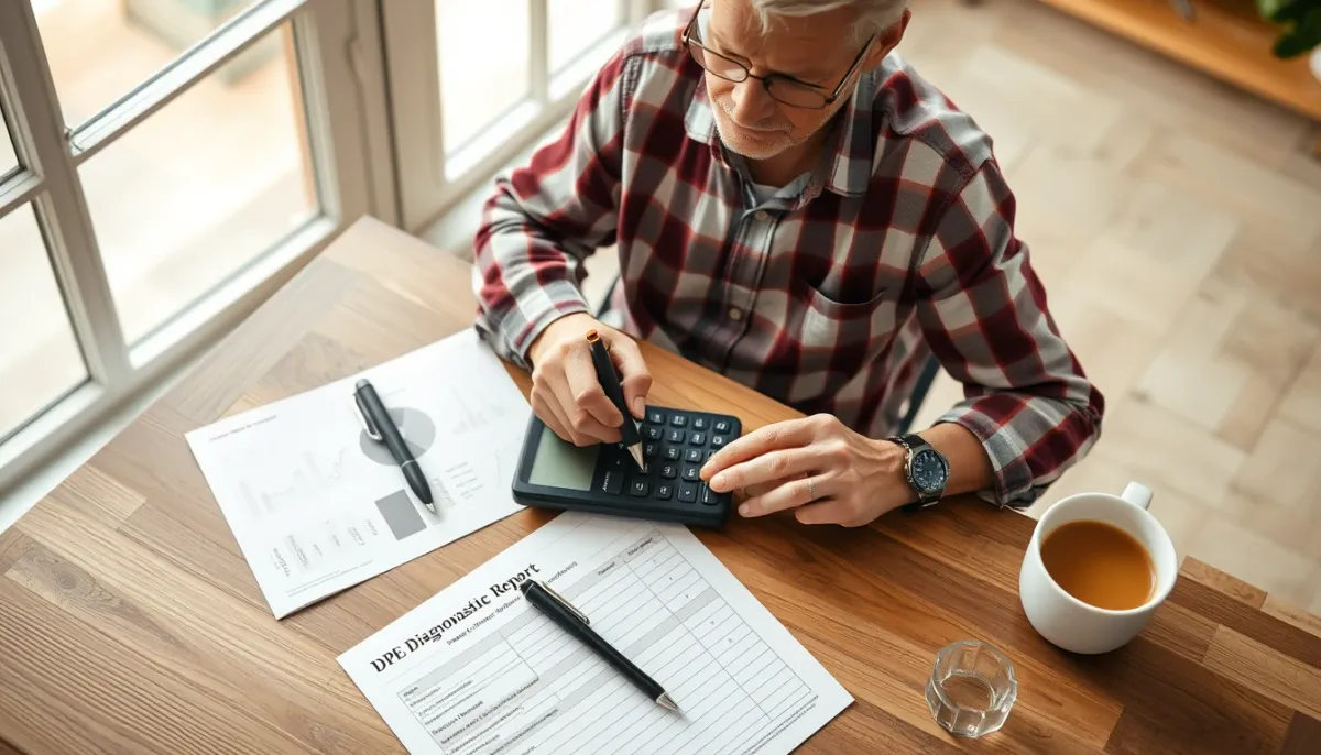Propriétaire examinant des documents de rénovation énergétique et calculant les aides
