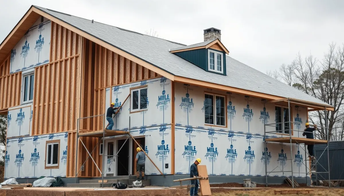 Travaux d'isolation extérieure sur une maison, avec échafaudage et ouvriers